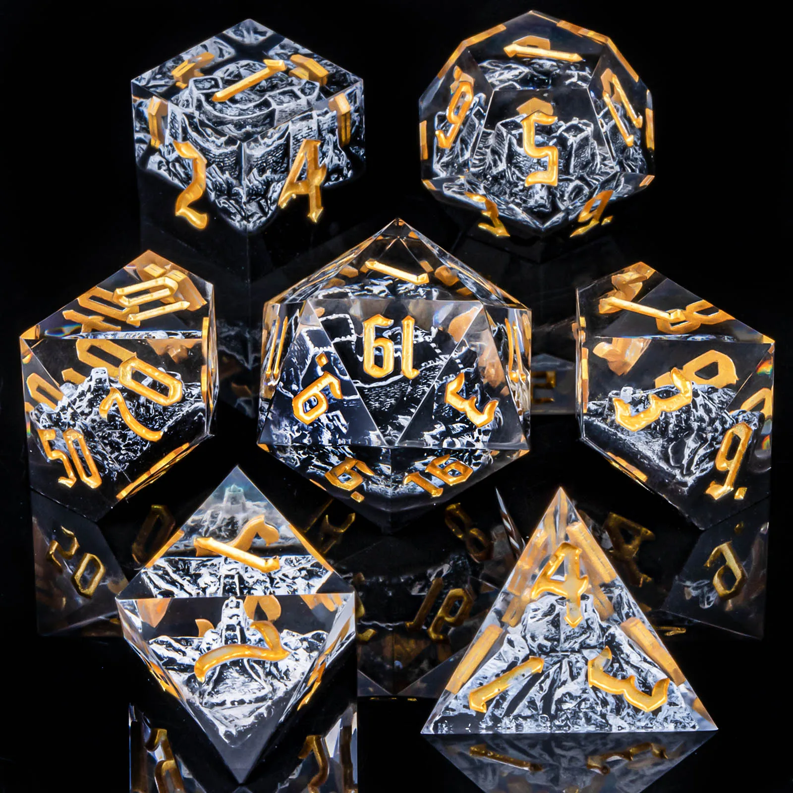 

7Pcs DND Sharp Edged Dice Set D&D, Resin Polyhedral Role Playing Dice for Dungeon and Dragons D and D RPG Dice D20 D12 D10 D8 D6