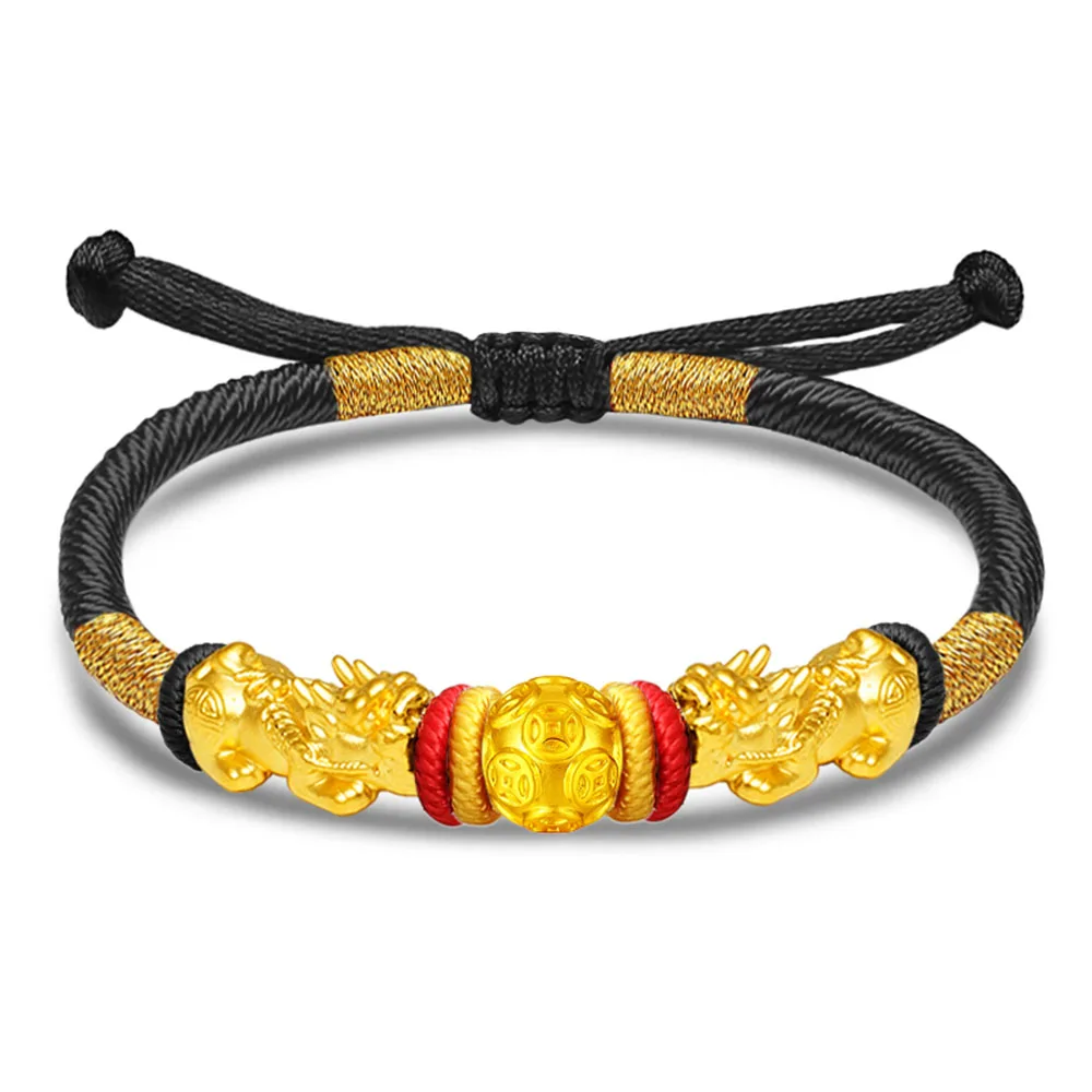 Real 24k Yellow Gold 3D Craft Lucky Pixiu Coin Bead Black Cord Knitted Bracelet