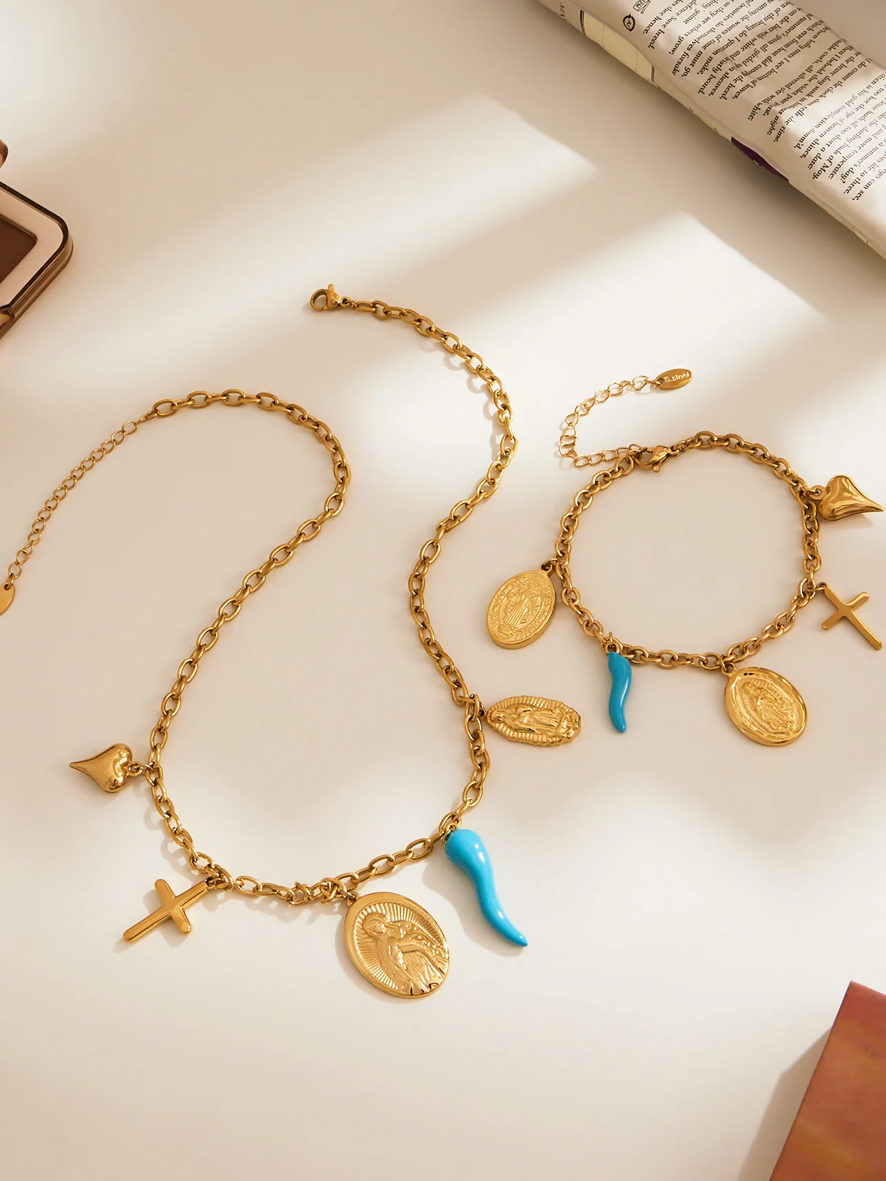 Nivora Blue Enamel Pepper Cross Pendant Necklaces Bracelet For Women Stainless Steel 18K Gold Plated India Bridal Jewelry Sets