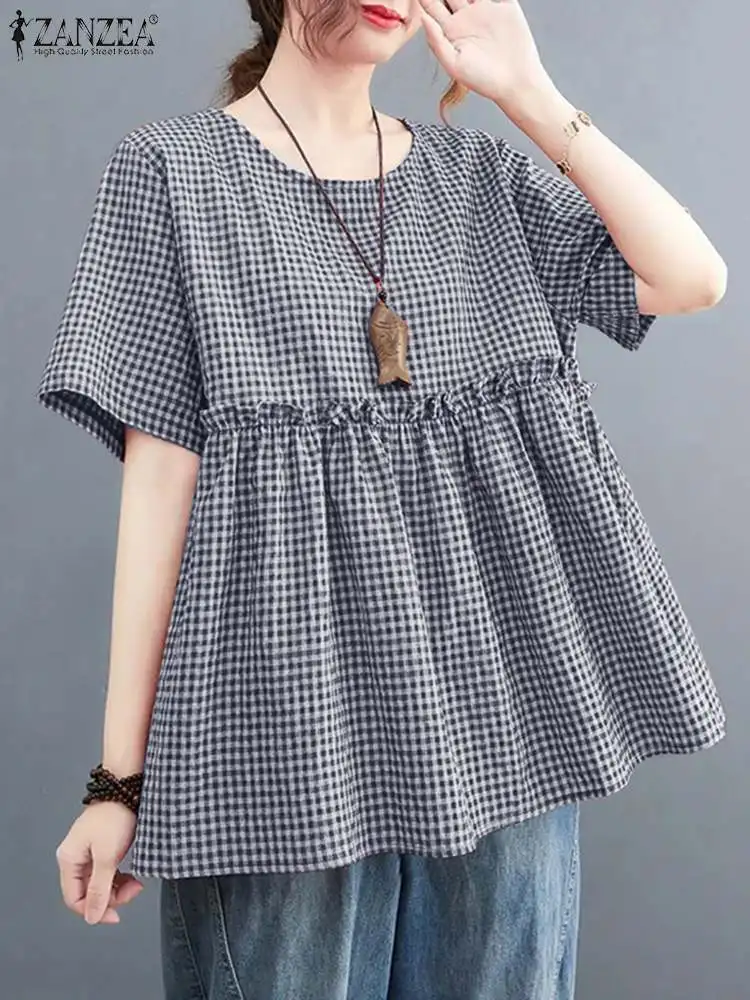 ZANZEA Vintage Summer Plaid Checked Blouse Casual Loose Ruffles Tops Tunic Female Work Blusas Women O Neck Short Sleeve Shirt