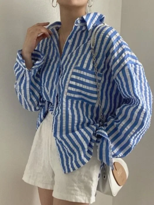 Chic Early Autumn Loose Texture Long Sve Striped Single Button Collar Women's irt Top Faionable Casual Busin Wear