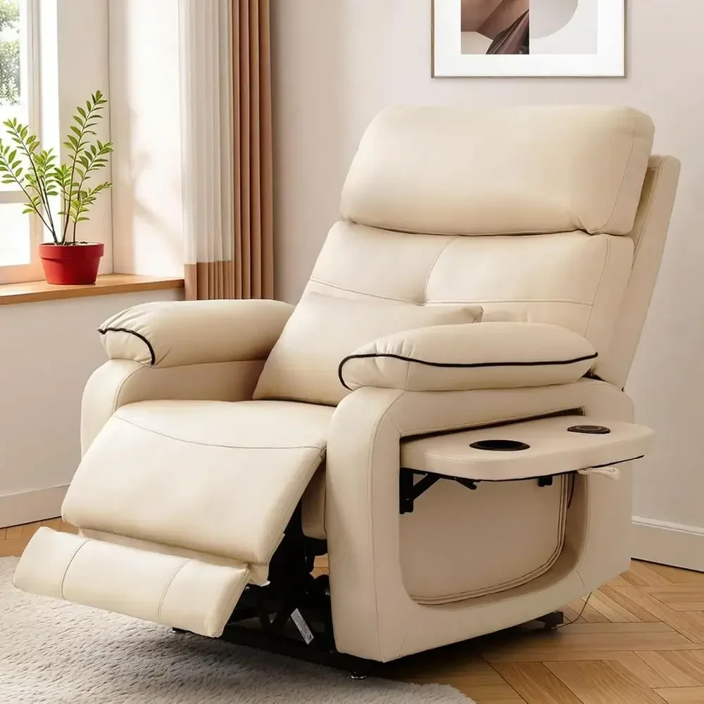 

Dual Motor Power Recliner with Infinite Position, Heat & Massage, Cup Holder, Lumbar Support, USB Ports, Beige Leather Chair