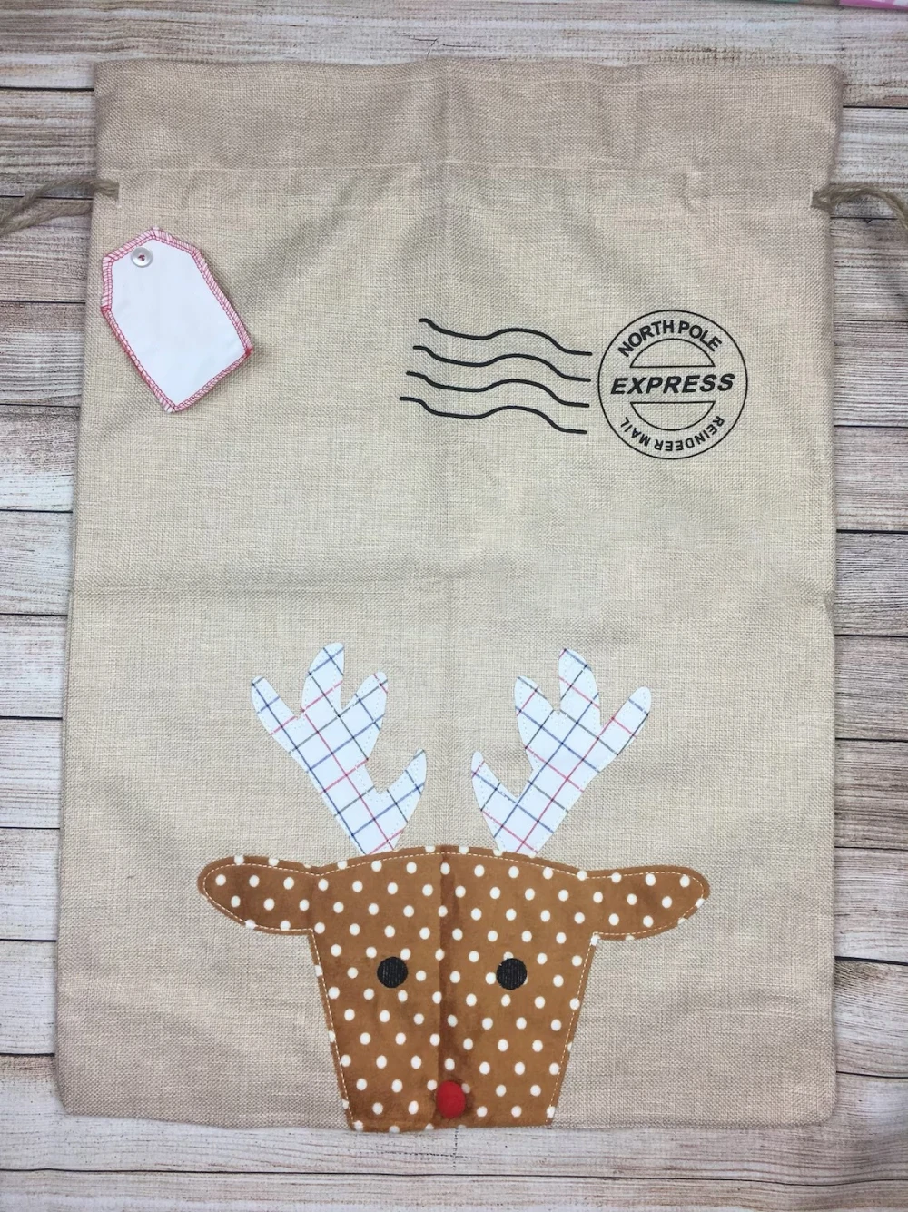Personalized name Santa Sack , Christmas Bags Burlap Santa Gift Bag, Reindeer Santa Sack, Christmas Sacks Personalised, Large