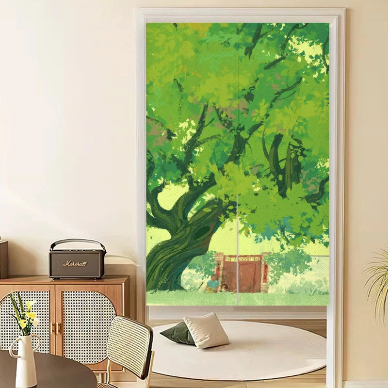 VIKAMA Minimalist Green Tree Noren Door Curtain Grassland Watercolor Print Polyester Partition Curtain For Entryway Home Decor