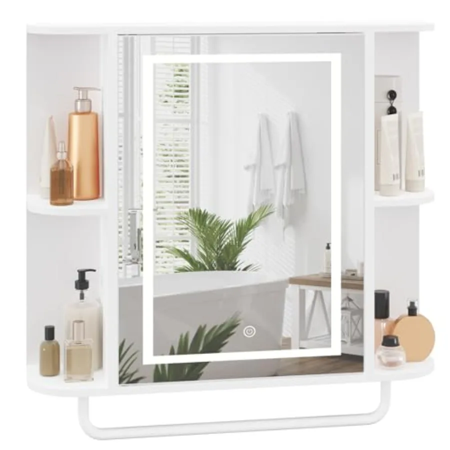 

Bathroom Wall Cabinet with Mirror 3-Color LED Light and 4 Open Shelves White Wall Mounted Storage Cabinet with Adjustable Shelf