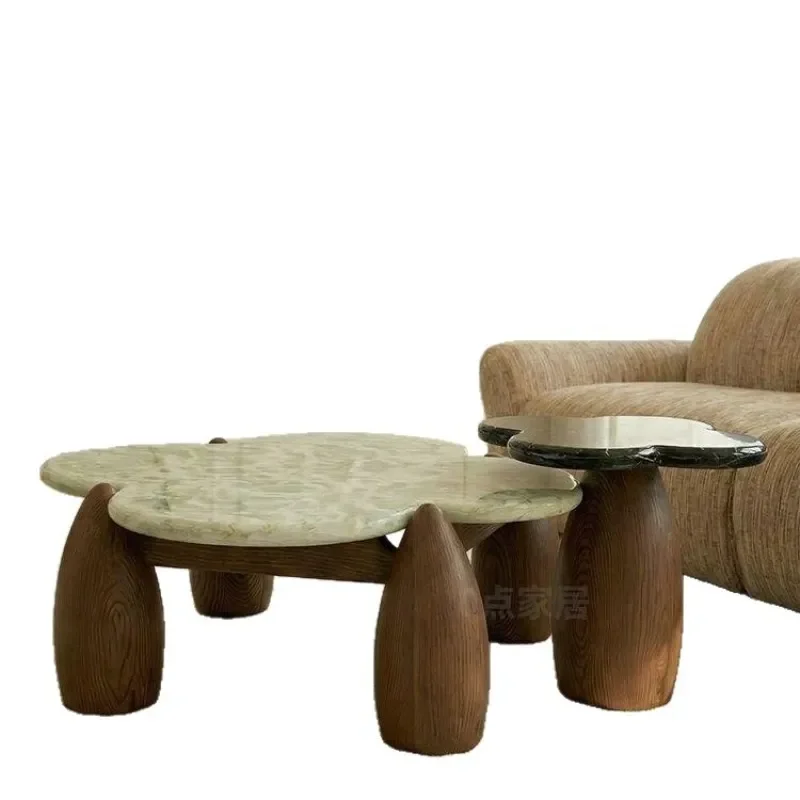 Round Travertine Coffee Table Minimalist Marble Side Table Creative Flower Design Living Room Furniture Low Center Table