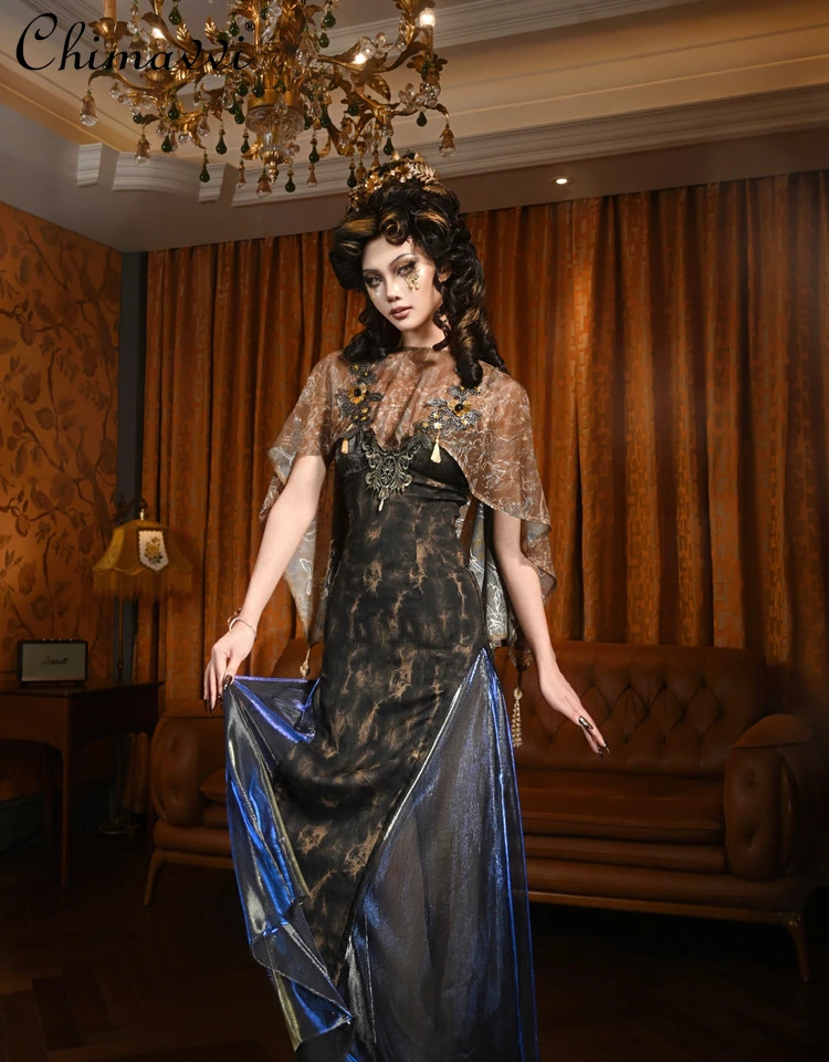 

Original Gothic Cos Slim Fit Vibe Sexy Pendulum Suspender Dress and Embroidered Classical Court Bow Cape Shawl 2025 Summer New
