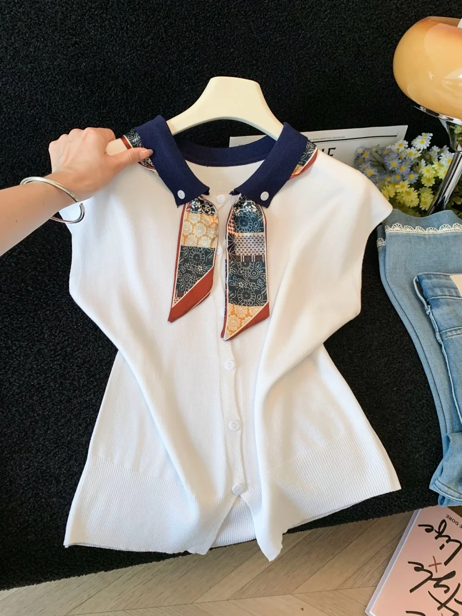 Trendy Summer Silk Scarf Tie Neck Knitted Cardigan Women's Top Self-Preserved Style Flip Collar Miniature Sleeve Design