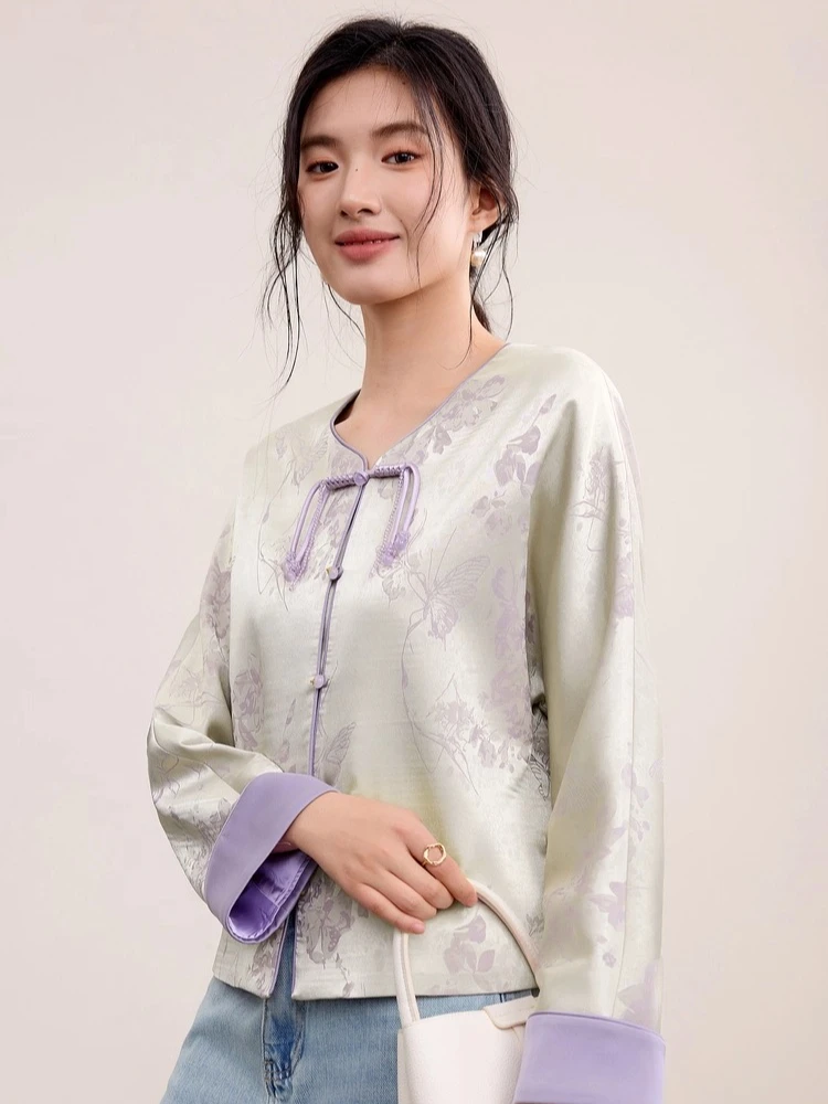 SENTUBILA Elegant Chinese Style Jackets For Women 2025 Autumn Luxury Loose Floral Print Coat Crew Neck Party Outerwear Q53WL3114