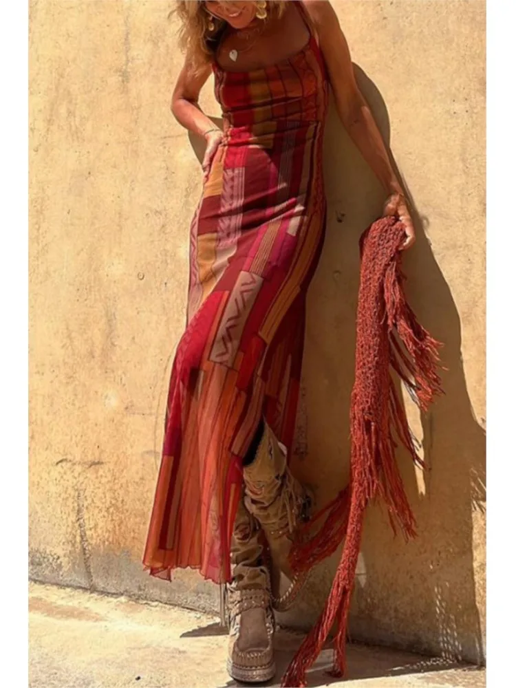Sexy Backless Lace-up Mesh Dress Women 2024 Summer See-through Spaghetti Strape High Split Vacation Long Dresses Beach Vestidos