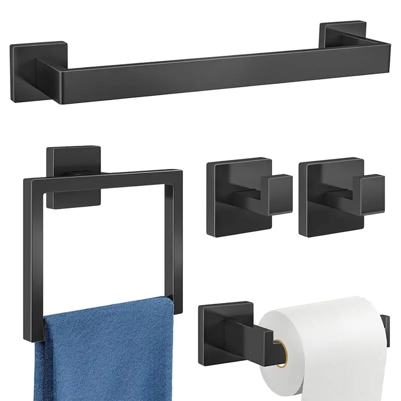 NEW HOT In Stock-Wall Mounted Stainless Steel Black Towel Racks For Bathroom Hardware Accessories Set 5Pcs For Bathroom Towel Ba