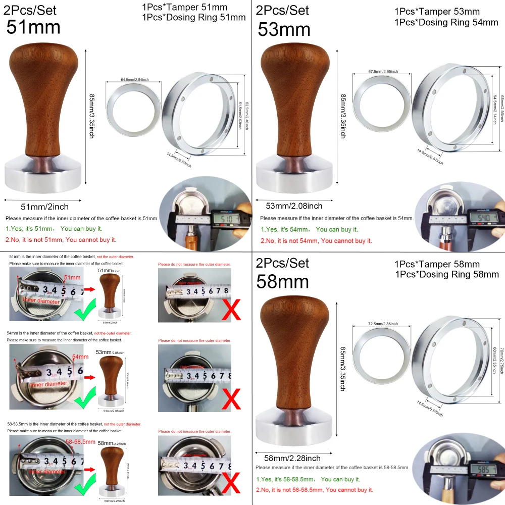 2Pcs Espresso Tamper With Coffee Dosing Ring 51/53/58mm Coffee Tampers Dosing Funnels