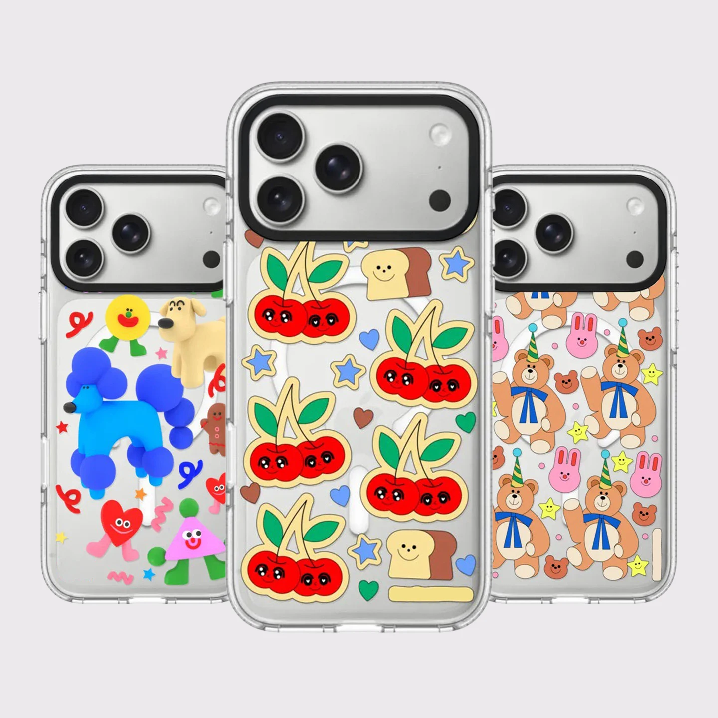 Impact White Border Magnetic Cover for IPhone 12 13 14 15 16 17 Pro Max Case for IPhone 17 Air Bear Cherry