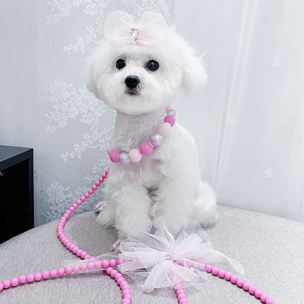 Luxury INS Rope for Dog, Pearl Leash Bow, Pet Necklace, Traction Rope, Dog Accessories, Small and Medium Dog, Yorkies, New