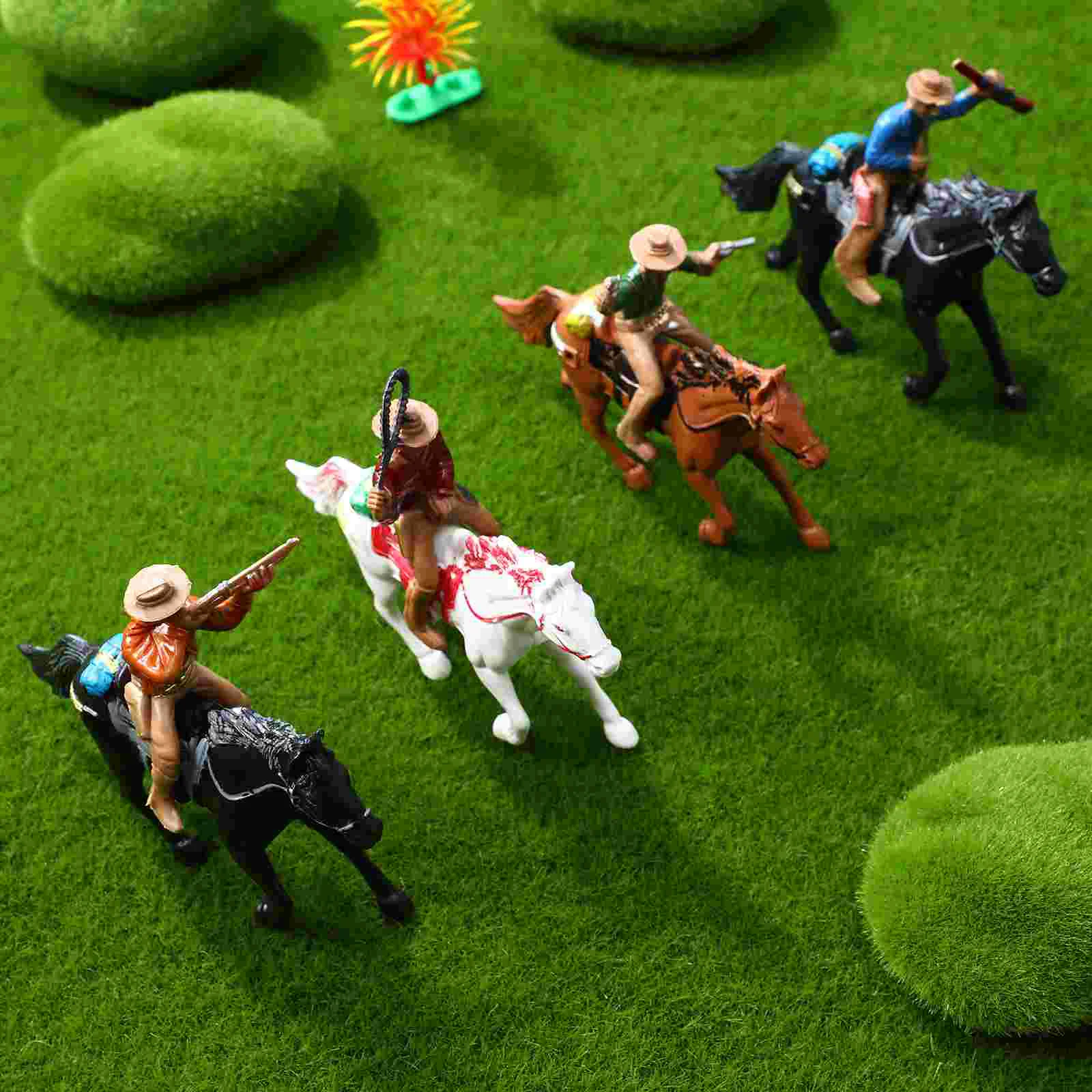 4 Pcs Puppet Cowboy Riding Model Office Ornaments for Kids Wild West Toys Plastic Character