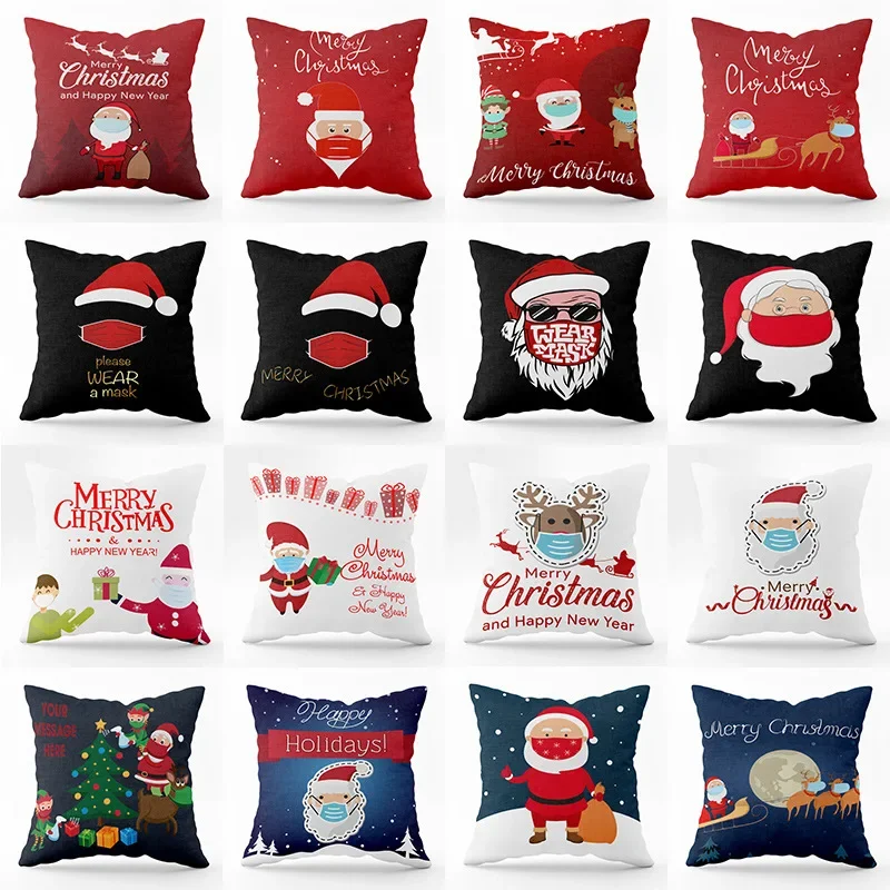 

Christmas Santa Claus Wearing Mask Printed Square Pillowslip Polyester Cushion Cover Pillowcase Soft Car Seat Living Room Home