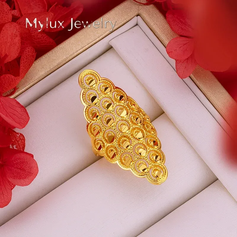 

Mylux Jewelry Luxury Women's 9999 24K Real Gold Exaggerated Flower Large Ring Fashionable and Personalized Adjustable Ring Gift