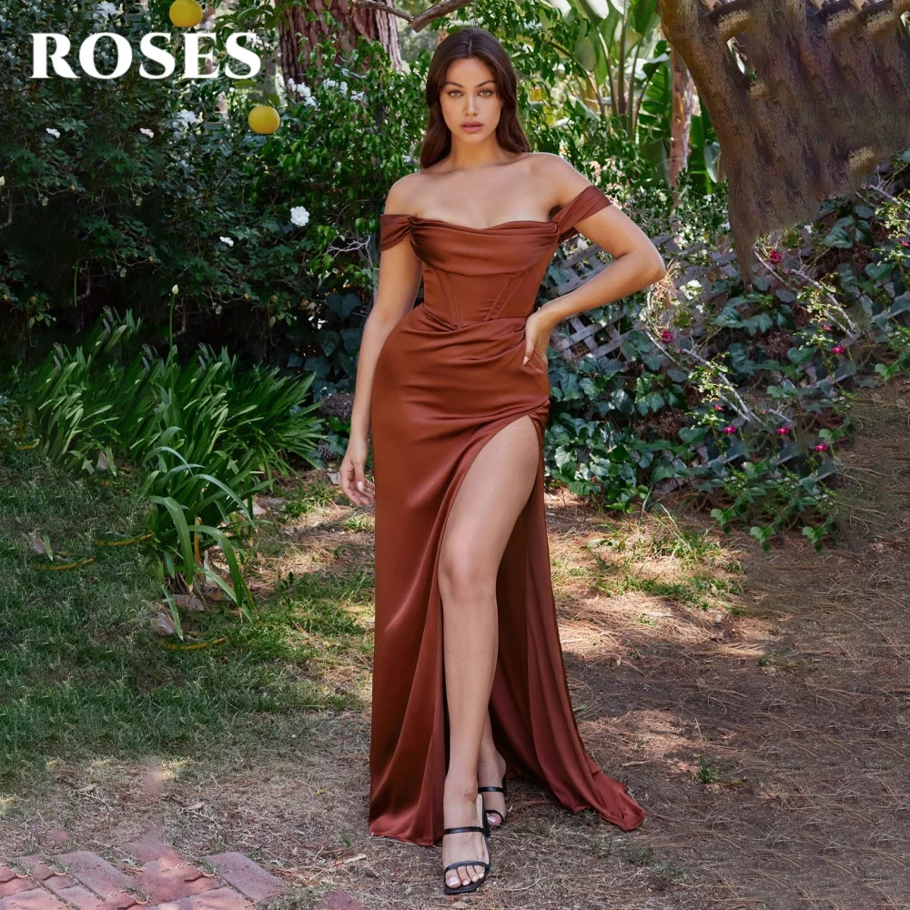 ROSES-vestido de fiesta de estilo moderno con hombros descubiertos, traje Sexy de satén con abertura alta, con cuello Barco, personalizado