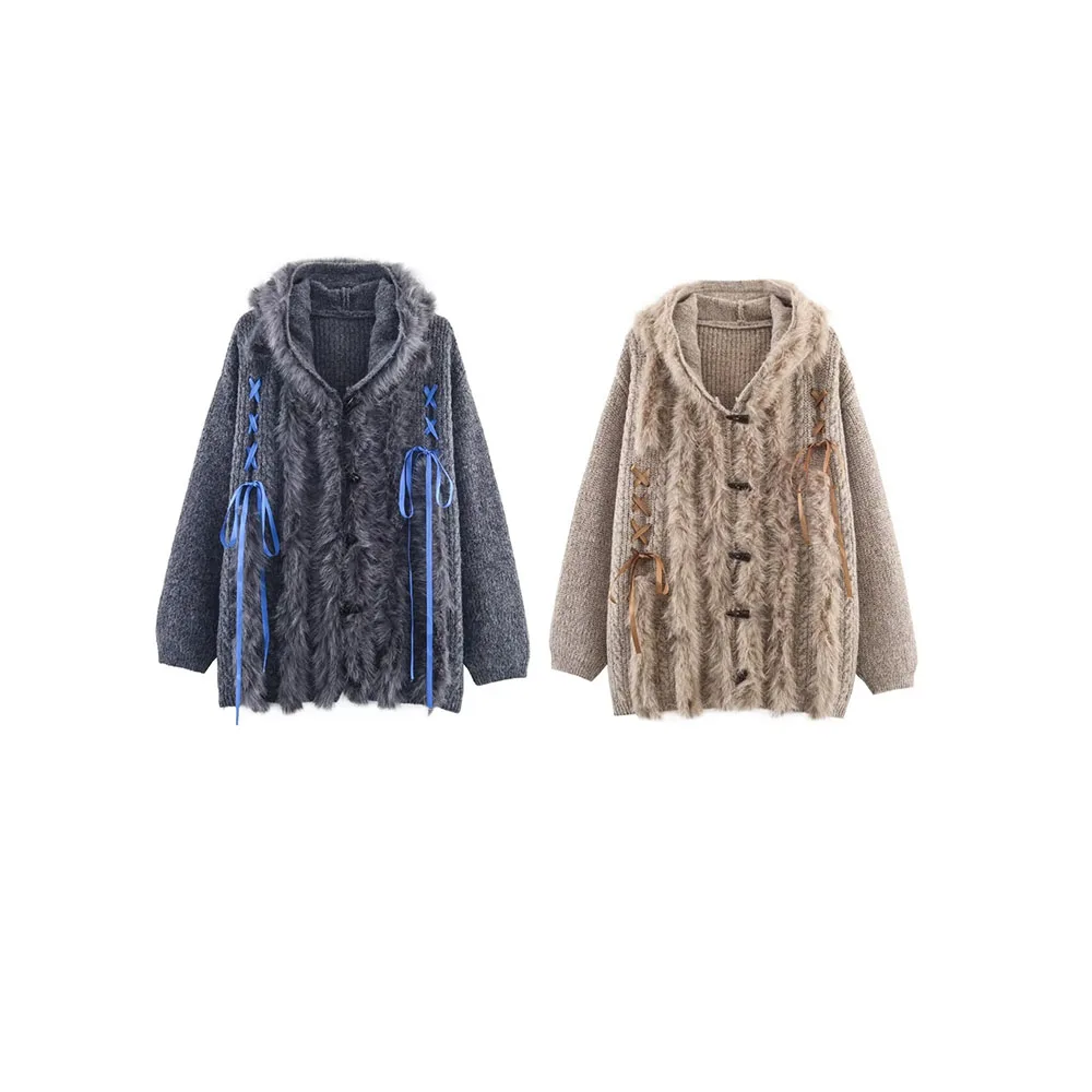 Otoño nueva moda femenina Simple y versátil cinta Sudadera con capucha abrigo de punto