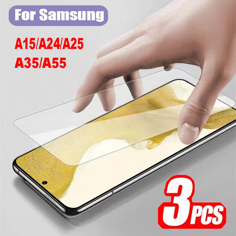 Protetores de tela de vidro temperado, A + protetora, filme para Samsung Galaxy A15, A24, A25, A35, A55, 5G, 3pcs