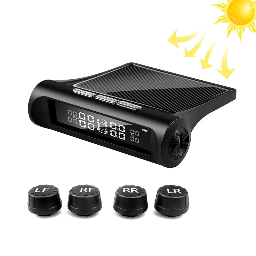 Solar Power TPMS Car Tire Pressure Alarm Monitor System Auto Security Alarm Systems Tyre Pressure Temperature Warning 4 Sensors