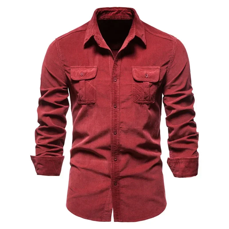 Chemise en velours côtelé rétro pour hommes, chemise à manches longues, revers boutonné, multi-poches, monochromatique, décontracté, travail, vêtements Piedmont, mode, automne