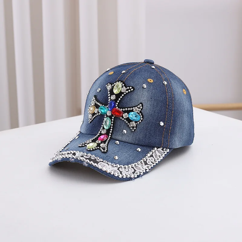 2024 Women's Fashion Rhinestone Cross Baseball Cap Cowboy All-matching Duck Cap Street Casual Sun Shield Resilient Cap