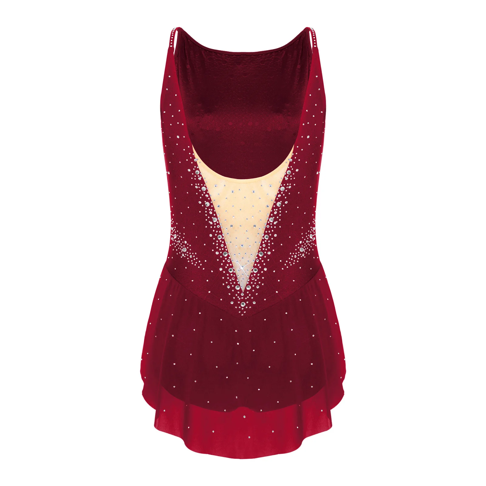 Damen-Gymnastik- und Eiskunstlauf-Ballett-Trikot mit Strasssteinen und unregelmäßigem Netzsaum, ärmellos, rückenfrei, einteiliger Jumpsuit – Detail 5