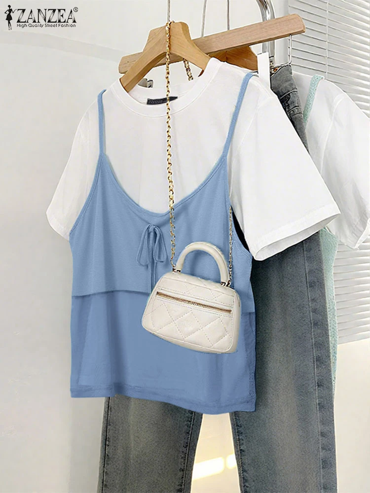 

ZANZEA Women White T-Shirts & Tulle Hem Camisole Tops 2pcs Sets 2025 Summer Casual Fashion Contrast-Color 2 Pieces Tees Suits