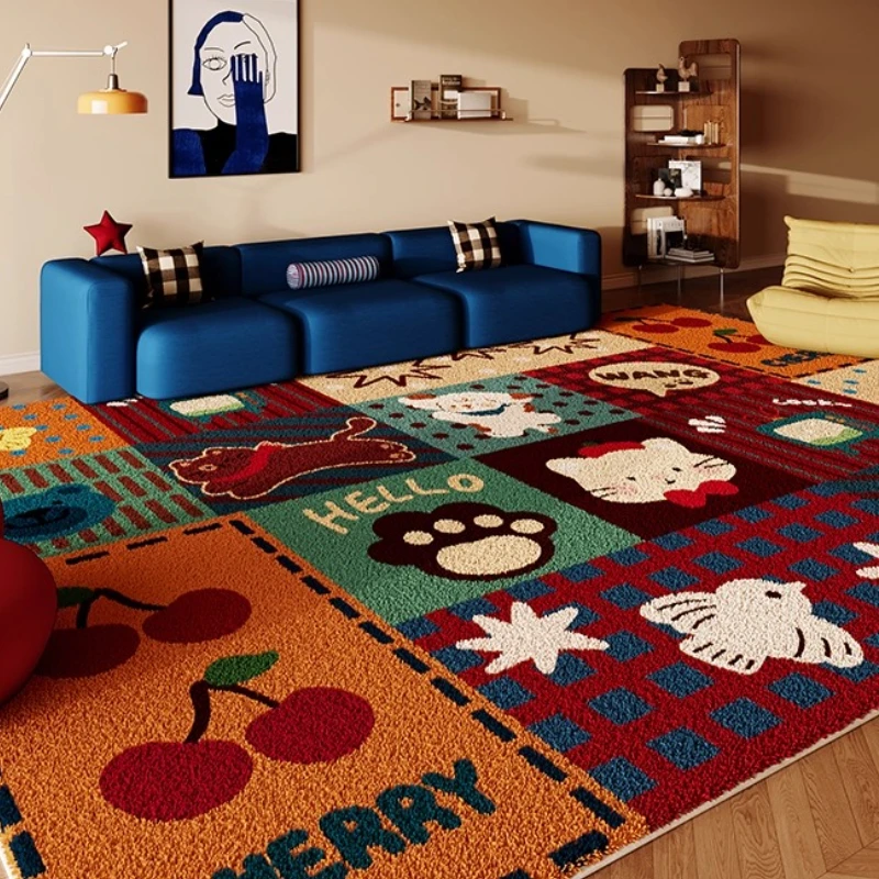 Colorful Retro Grid Living Room Decoration Carpet Cartoon Style Rugs for Bedroom Fluffy Soft Cute Plush Rug Home Thick Floor Mat