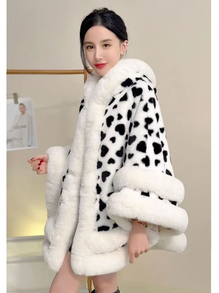 ZADORIN Luxury Thick Warm Hooded White Faux Fur Coat Woman Winter Clothes Fur Cape Mid Long Fur Shawl Cardigan Cloak Outerwears