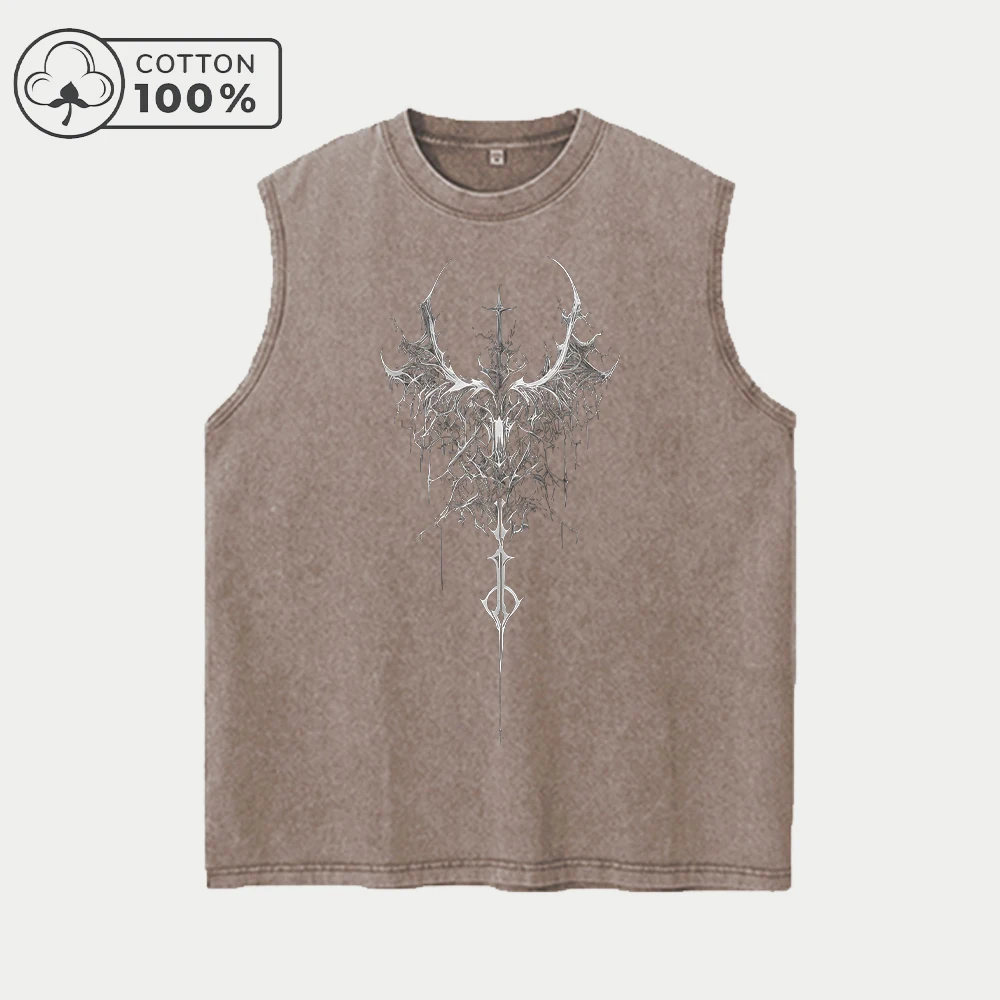 Men's Street Style Vest With Dark Sword Wing Print Loose Fitting Casual Sleeveless Top For Everyday Commute Or Lounging At Home
