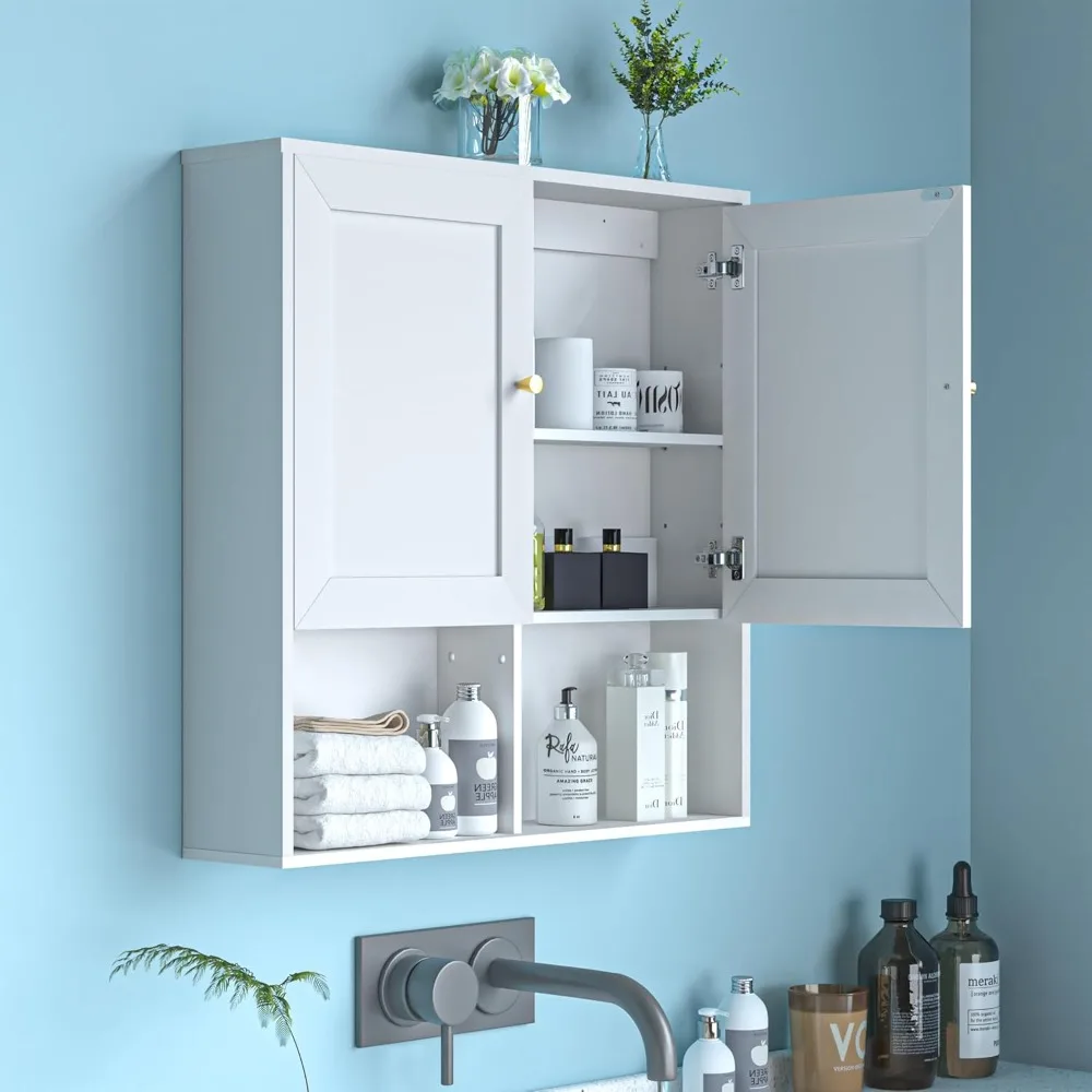 

Bathroom Wall Cabinet, Medicine Cabinet with 2 Door and Adjustable Shelves,3-Tier Wood Hanging Storage Over The Toilet,White Wal