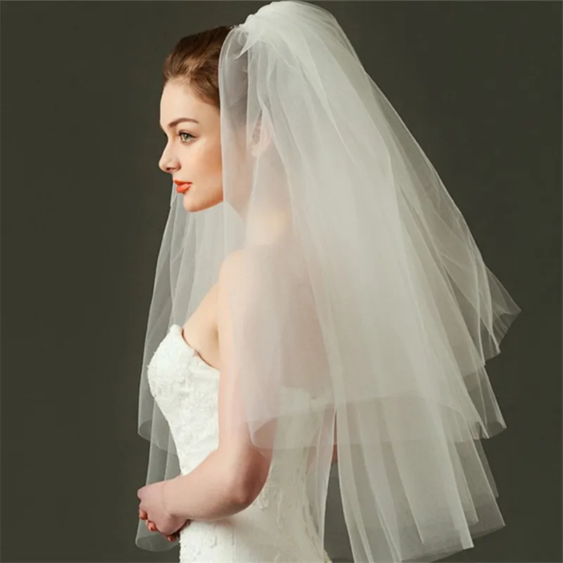 2 Tiers White Ivory Bride Wedding Veil Short Fingertip Bridal Tulle Veil with Comb and Cut Edge Velos De Novia Largos