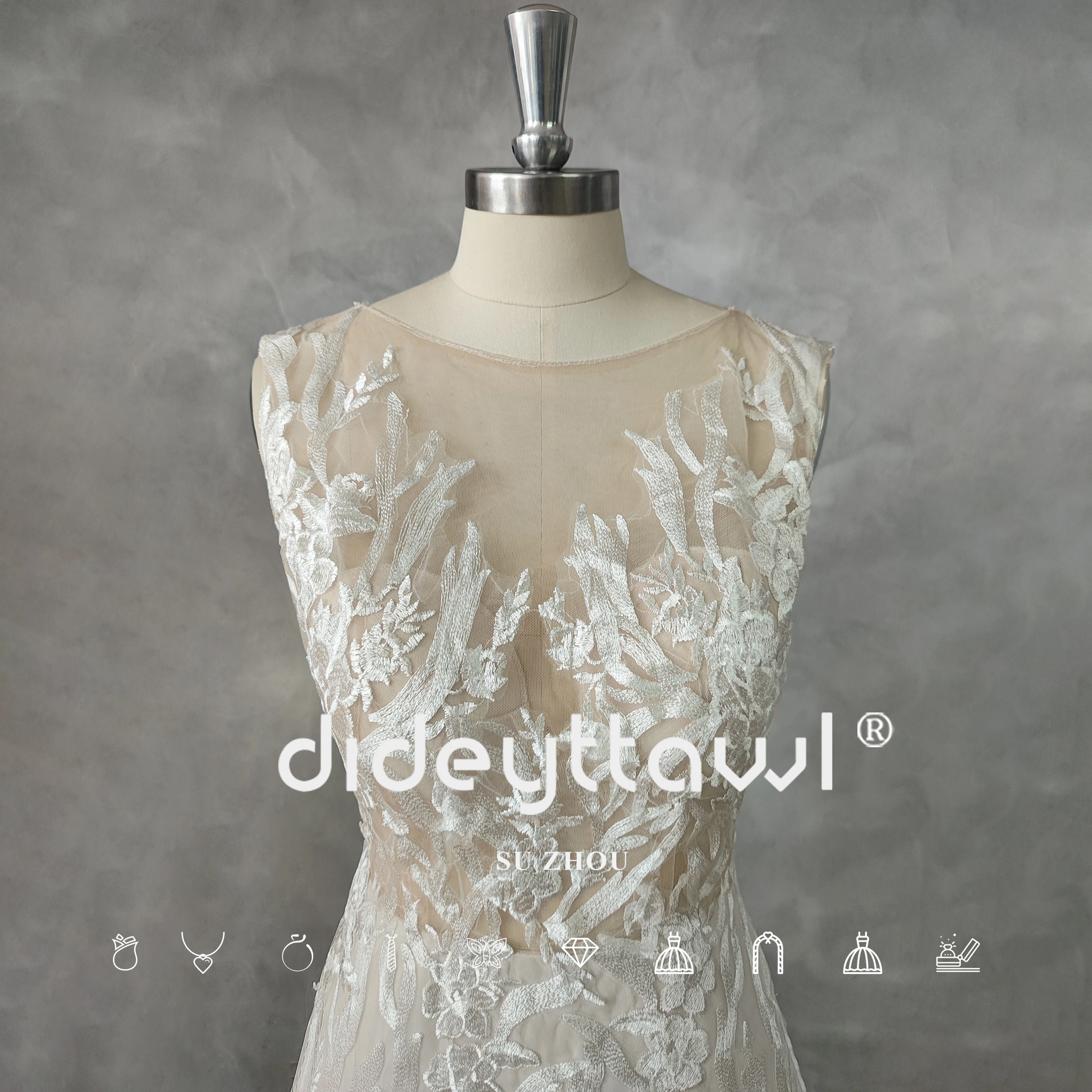 DIDEYTTAWL Real Picture Elegant O-Neck Sleeveless Illusion Mermaid Wedding Dress Appliques Court Train Illusion Back Bridal Gown