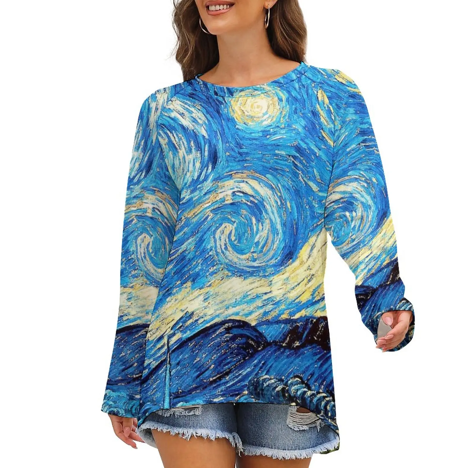 Starry Night T-Shirt Van Gogh Casual Long Sleeve T Shirts Graphic Pretty Tshirt Woman Spring Tops Big Size 3XL 4XL