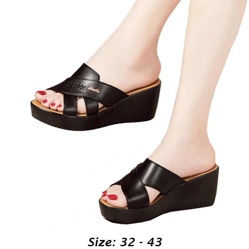 

High quality leather wedge sandals for women 6cm high heel 2024 summer size 32 33 42 43 platform open toe elegant shoe black red