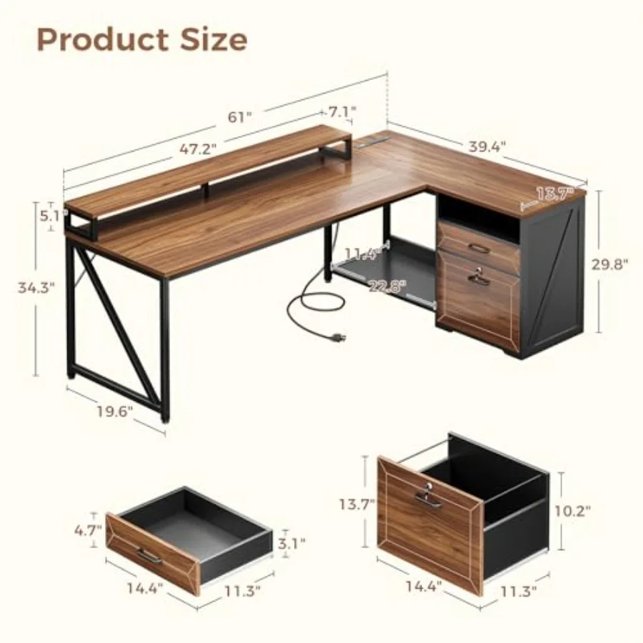 L Shaped Desk with Wooden Drawers Locking File Cabinet 61 Inch Large Executive Desk with Power Outlet Led Computer Desk with St