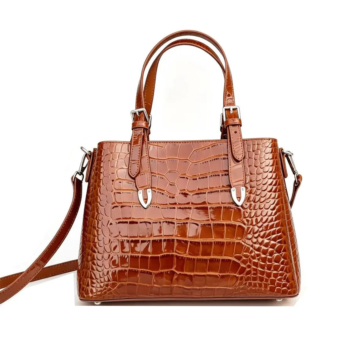 Alligator Pattern Genuine Leather Handbag Vintage Top Handle Tote Bag Detachable Shoulder Strap Crossbody Satchel Purse for Work