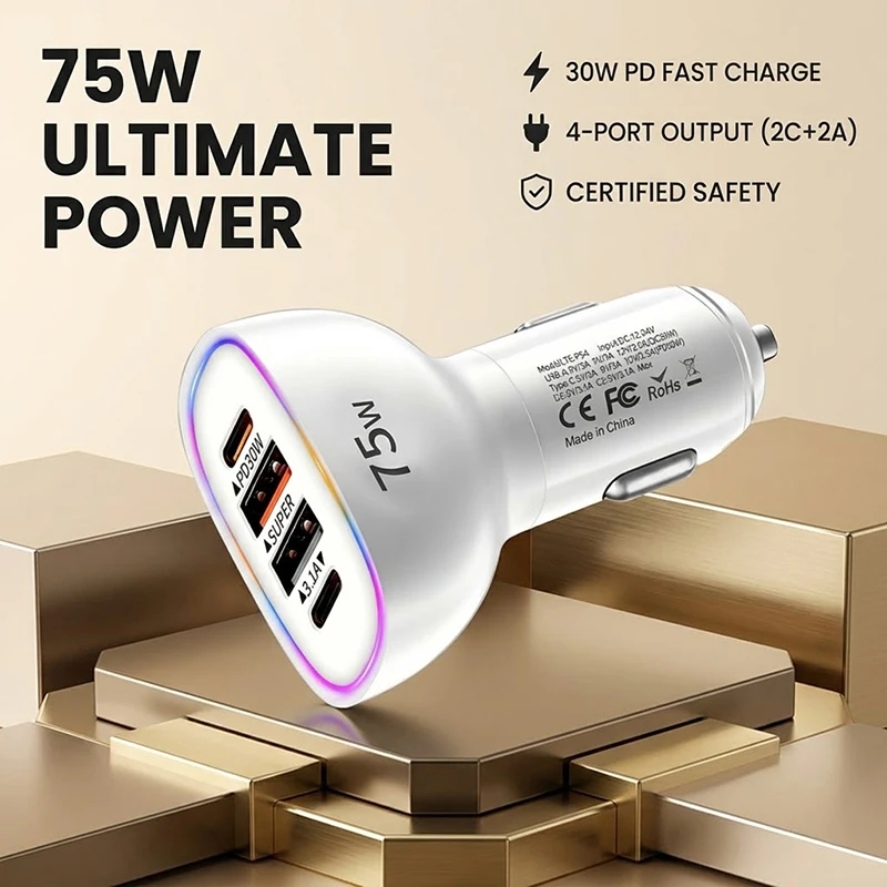 75W Multiple Port Car Charger Adapter With RGB Ambient Light 4 Port Type C PD30W QC3.0 Fast Auto Charging For Smartphones