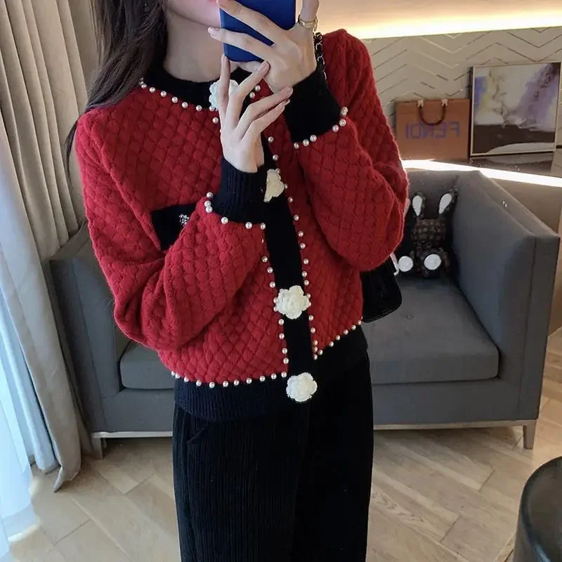 Кардиган женский, свитера с круглым вырезом и пуговицами из бисера, корейский стиль, контрастный цвет, с длинным рукавом, осенняя элегантная мода, темперамент