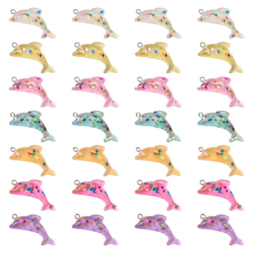 28pcs Dolphin Resin Pendants Transparent Sequins Charms with Loops for Earrings Necklace Keychain Jewelry DIY Making 19x38x7.5mm