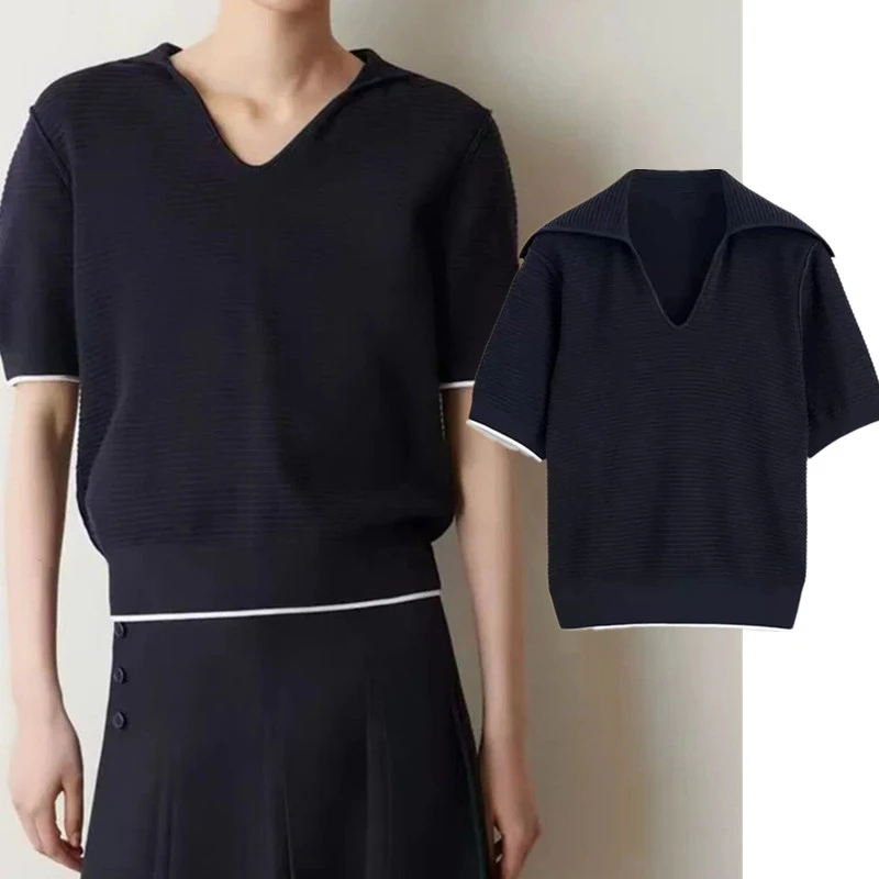 Maxdutti Southern France Lazy Minimalist Women's Sweater Knitwear Woman Clothing Retro Sailor Neck Knitted Pullover Top Woman