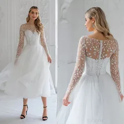 Vestidos de novia cortos personalizados marfil A-Line cuello redondo manga larga Apliques de encaje tul ilusión espalda vestido de novia longitud del té 2025