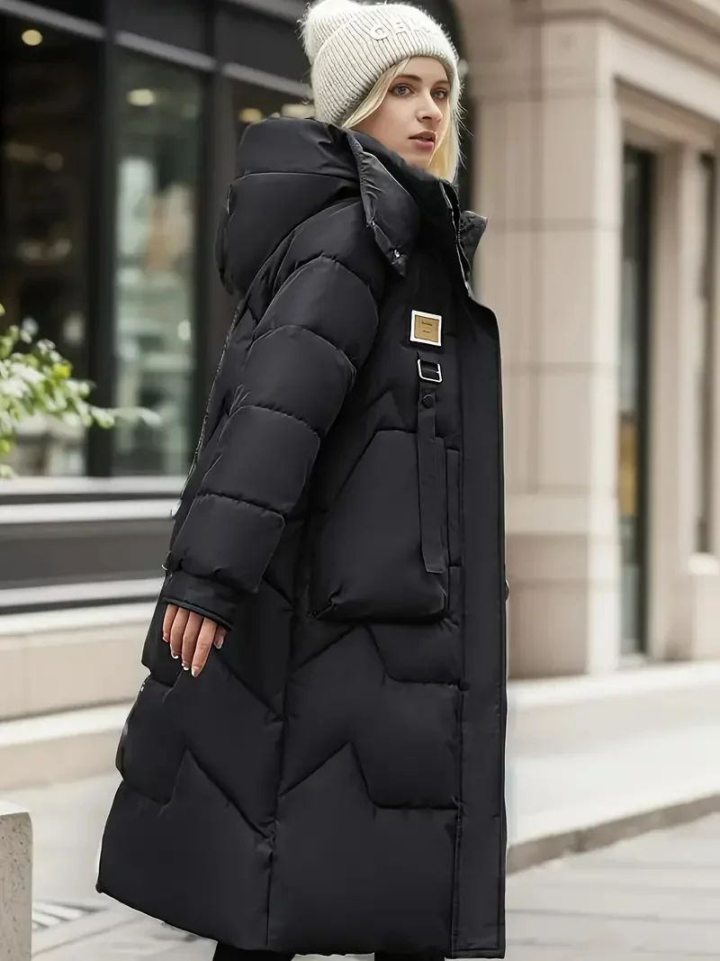 Parka longue à capuche avec poignées amovibles pour femme, manteau rembourré, vêtements de neige, chaud, épais, col en fourrure, poches zippées, hiver, nouveau, 2024