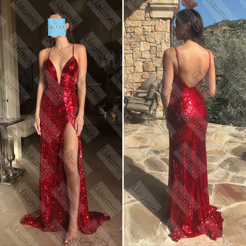新しいレッドスパンコールウエディングイブニングドレスセクシーな背中の開いた高スリット結婚式フォーマルな機会背中の開いたカスタマイズされたハンドメイド A6-4
