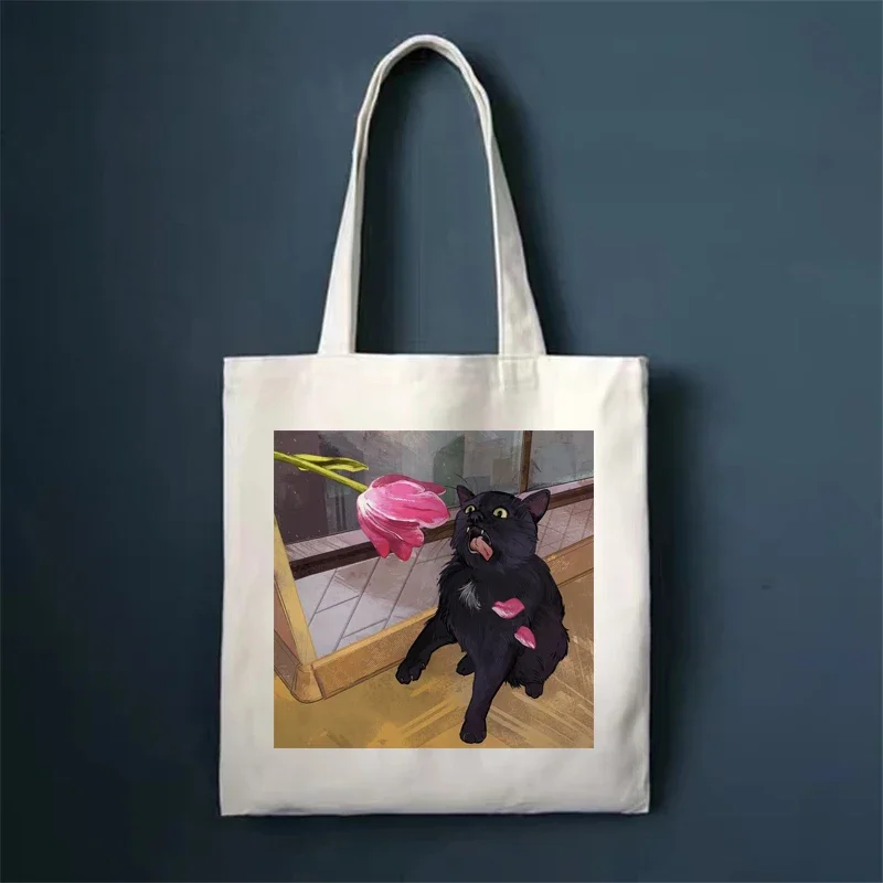 Canvas Shopper Bags Cartoon Funny Cat One Direction Shopping Bag Tote Bag Shoulder Bag Large Capacity Casual Handbag