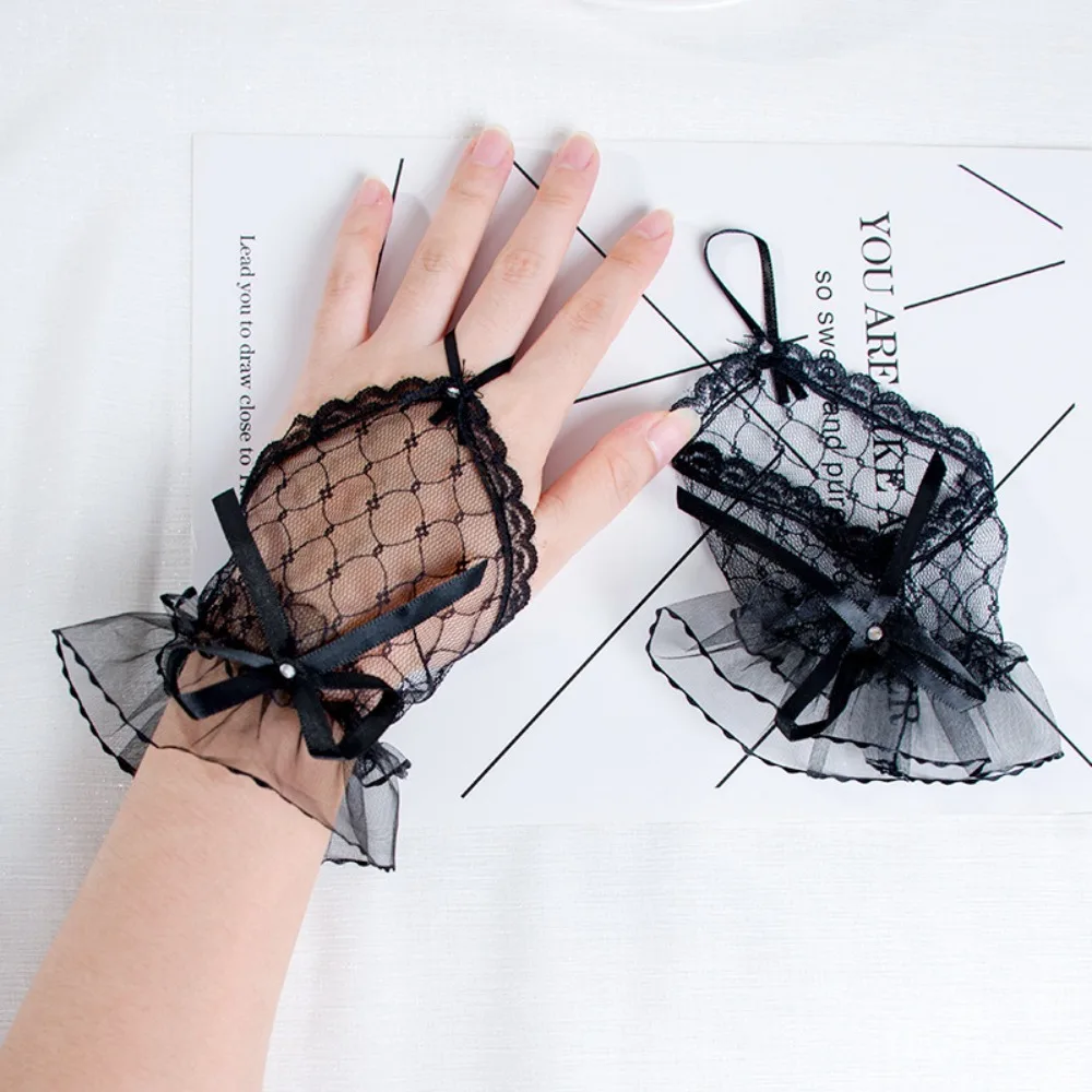 Gothic Short Black Gloves Female Harajuku Lace Bridal Wedding Halloween Lolita Dress Net Gauze Bow Hand Sleeve Fishnet Gloves image 4