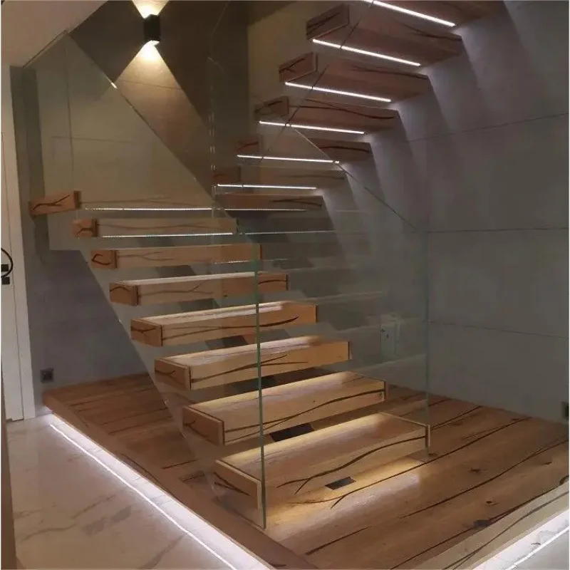 custom.LED-Lit Timber Floating Staircase Villas Minimalist Design with Tempered Glass Panels