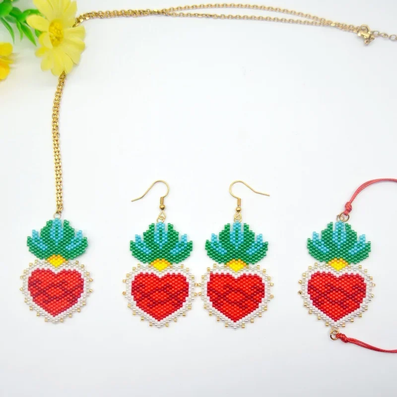 

Bead Jewelry Set Heart Bohemia Pattern Hand Weaving Adjustable Beaded Earrings, Bracelet Necklace Set for Women